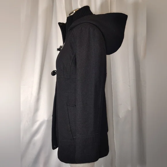 Guess Wool Pea Coat, Women Hooded, Black ButtonUp Pockets, Collar, Lining, S/M - Picture 5 of 15